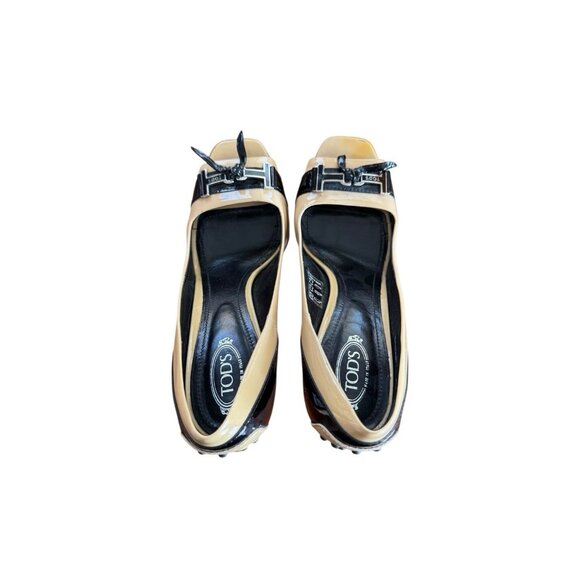 TOD'S Women's Sz 37 US Sz 6.5 Tan & Black Patent Leather Peep Toe Heels - Picture 15 of 15